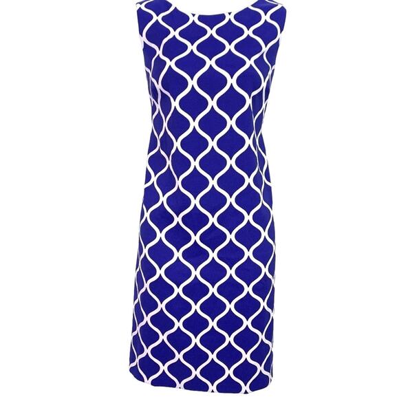 Alyx Sheath Womens Knee Length Stretch Blue White Print Sleeveless Dress sz 6 - Picture 1 of 16